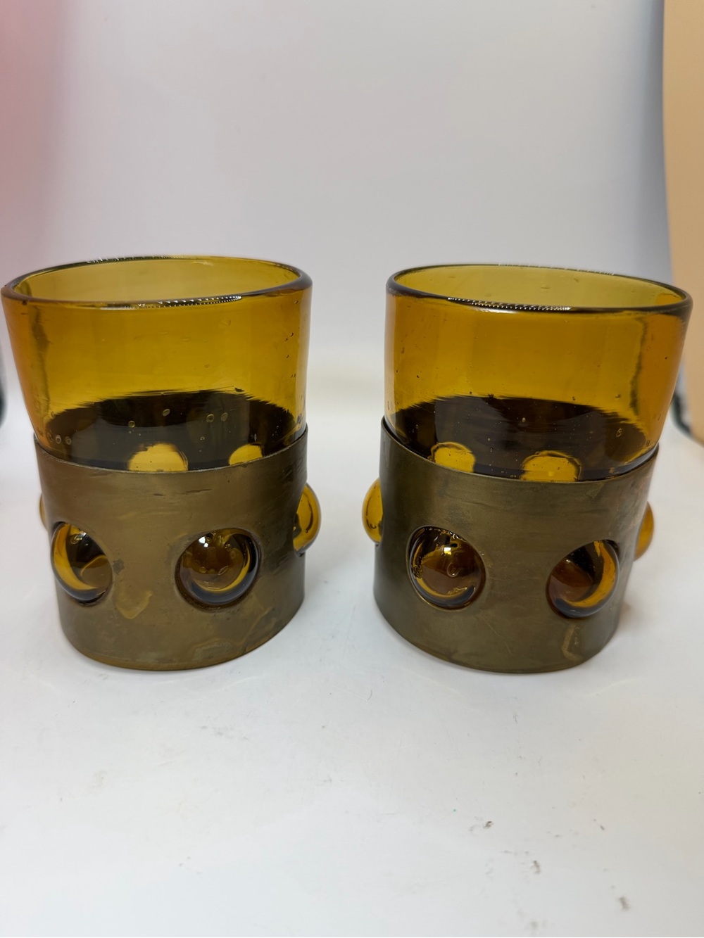 Felipe Derflingher Imprisoned Glasses MCM Brutalist Amber Blown Glass Tumblers 2